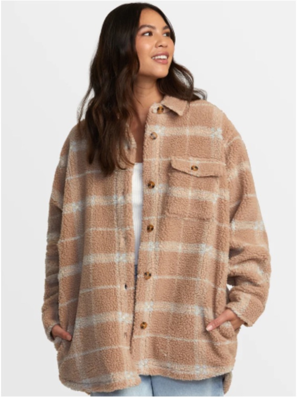 RVCA Birdie Shacket Teddy Jacket Brown NWT